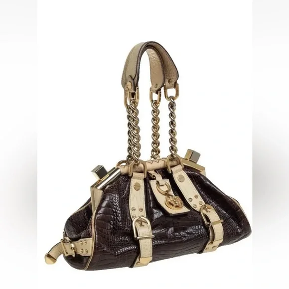 Vintage Versace Brown/Cream Croc EmbossedLeather Madonna Satchel NWT - Picture 2 of 12